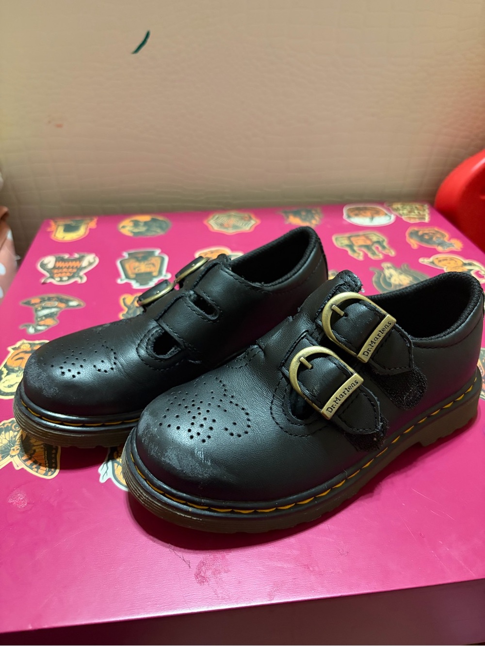 Dr. Martens Kids Black Leather Double-Buckle Mary Jane Shoes